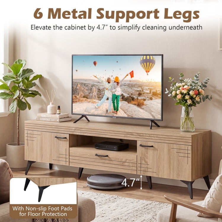 TV stand in oak with 6 metal support legs, 2 cabinets, and storage drawer, elevating 4.7 inches for easy cleaning.