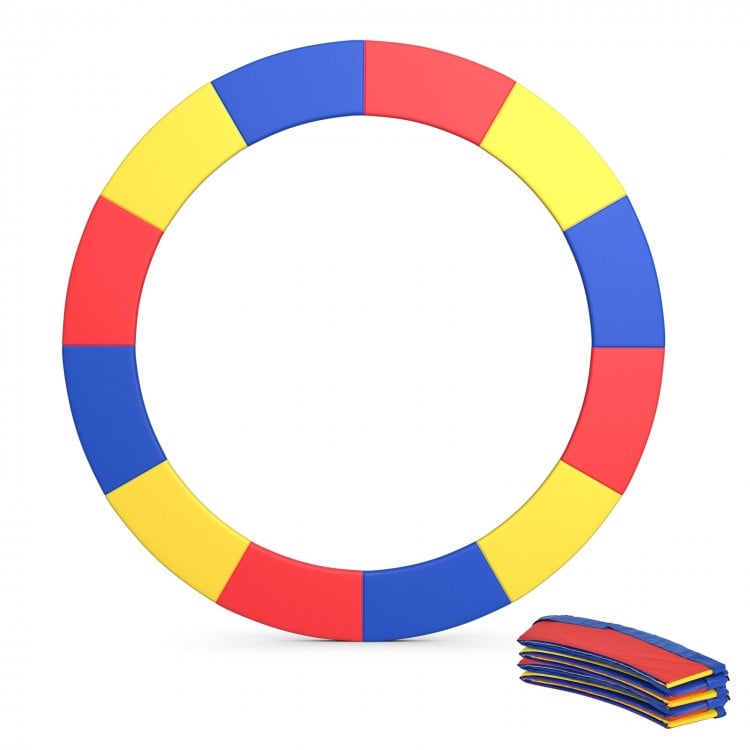 Multicolor 12-foot trampoline safety pad with elastic straps, waterproof surface, and tear-resistant material for.