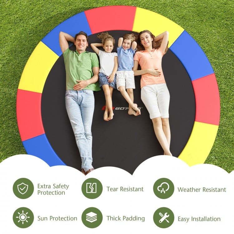 Multicolor 12 feet trampoline safety pad with thick padding, tear-resistant material, and easy installation for outdoor.