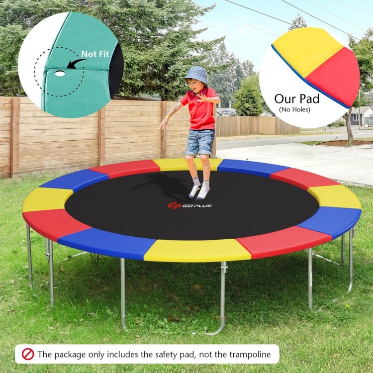 Multicolor trampoline safety pad with elastic straps, waterproof and tear-resistant for secure jumping and easy storage.
