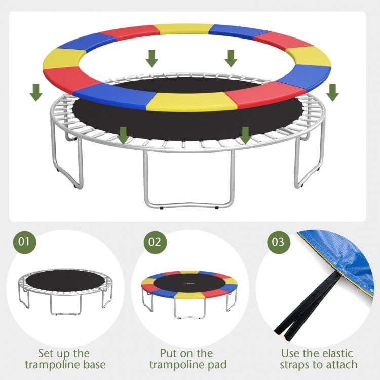 Multicolor 12 feet trampoline safety pad with elastic straps, waterproof and tear-resistant for all-weather use.