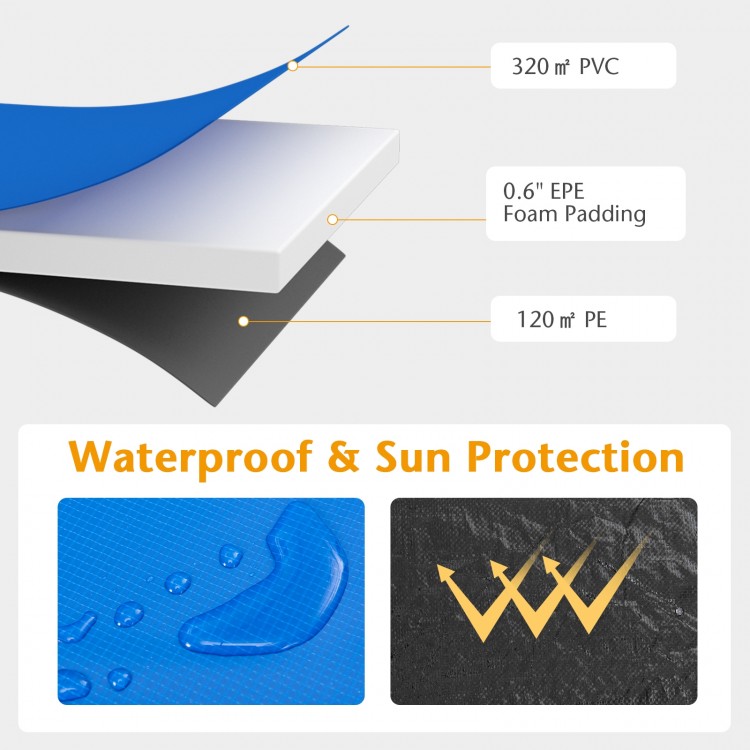 Blue waterproof trampoline safety pad showcasing 320 m² PVC and 0.6" EPE foam padding for all-weather protection.