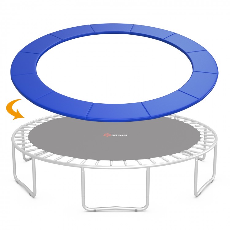 Blue waterproof trampoline safety pad with elastic straps, designed for 12 feet trampolines, ensuring edge-to-edge.