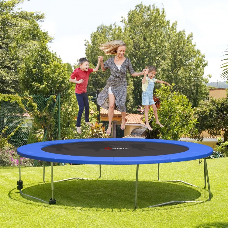 Blue trampoline safety pad with elastic straps, providing edge-to-edge protection for safe jumping in any weather.