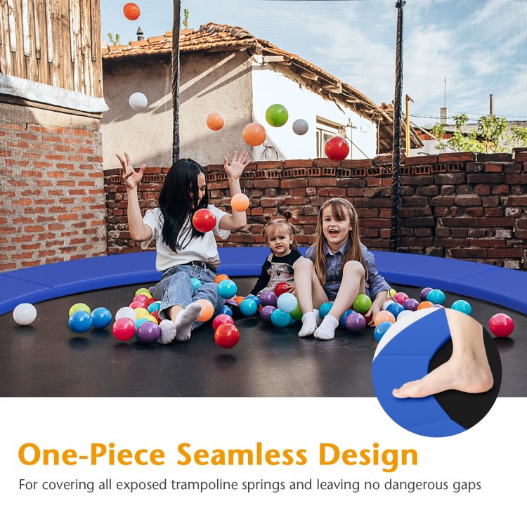 Blue 12-foot trampoline safety pad with seamless design, providing edge-to-edge protection for safe jumping.