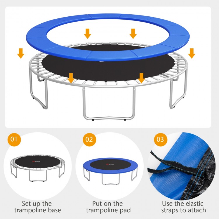 Blue 12 feet waterproof trampoline safety pad with elastic straps for secure attachment and edge-to-edge protection.