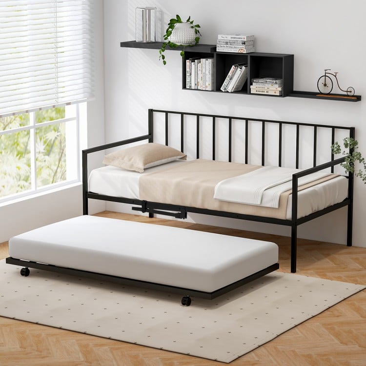 Twin size daybed and trundle frame set in black metal, featuring a modern design, ideal for living rooms and guest.