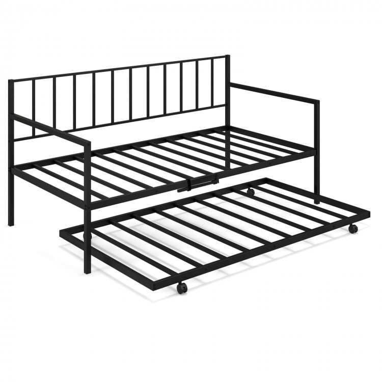 Twin size daybed and trundle frame set in black metal, featuring lockable casters for easy mobility and sturdy support.