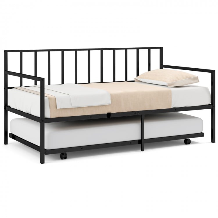 Twin size daybed and trundle frame set in black metal, featuring a modern design for versatile bedroom or guest room.