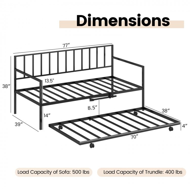 Twin size daybed and trundle frame set dimensions with heavy-duty metal slats, ideal for living room or guest room use.