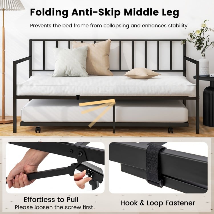 Twin size daybed and trundle frame set with a folding anti-skip middle leg for enhanced stability and support.