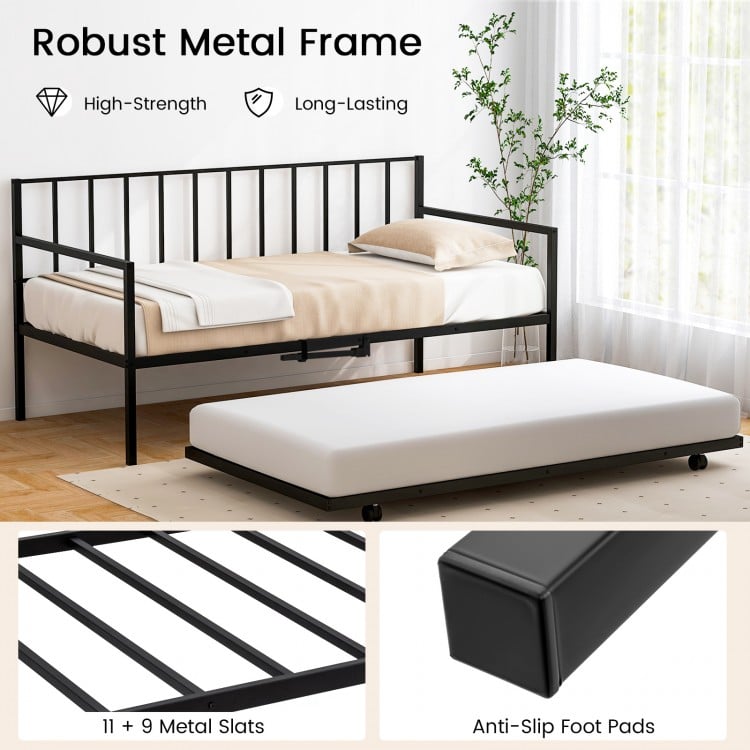 Twin size daybed and trundle frame set with robust metal slats and anti-slip foot pads, ideal for living rooms and.