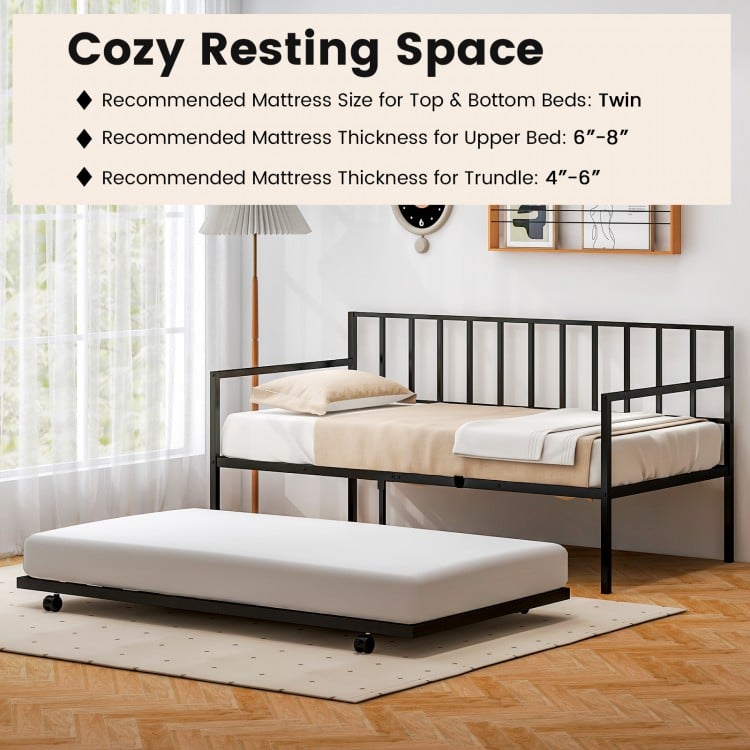 Twin size daybed and trundle frame set with a modern design, featuring heavy-duty metal slats for sturdy support.