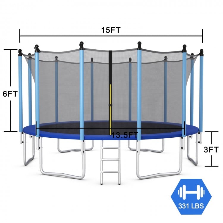 15 ft outdoor trampoline with safety net, rust-resistant steel frame, and ladder for secure family fun and exercise.
