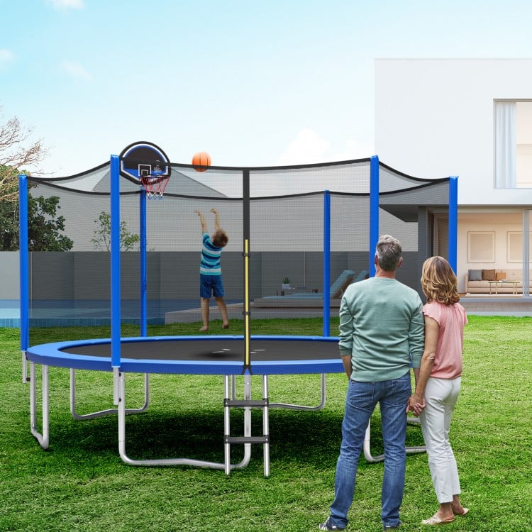 12 ft outdoor trampoline with enclosure net and basketball hoop, featuring sturdy construction and safety features for.