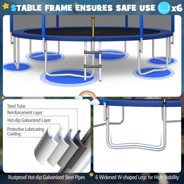 Close-up of the trampoline's rustproof galvanized steel frame, showcasing stability features and protective coating.