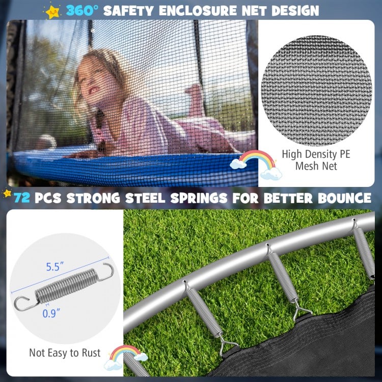 Close-up of the 12 ft trampoline's high-density PE enclosure net, featuring 72 strong steel springs for enhanced bounce.