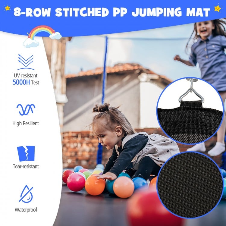 Close-up of the 8-row stitched PP jumping mat, showcasing its UV-resistant, tear-resistant material for trampoline.