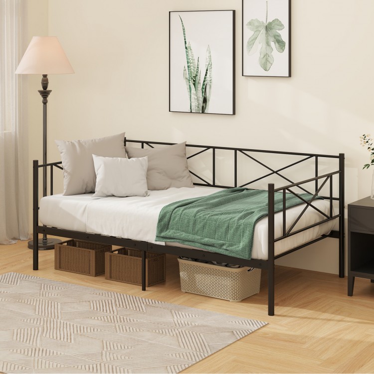 Twin size platform bed with heavy-duty metal frame, stylish backrest, and cozy seating for small spaces.