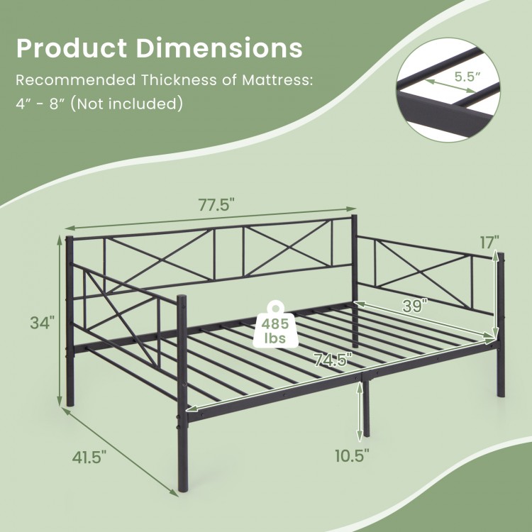 Twin size platform bed with heavy-duty metal frame, dimensions shown, supports up to 485 lbs, ideal for small spaces.