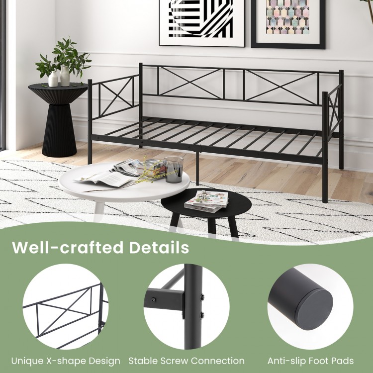 Twin size platform bed with heavy-duty metal slat support, featuring a stylish design and anti-slip foot pads for.
