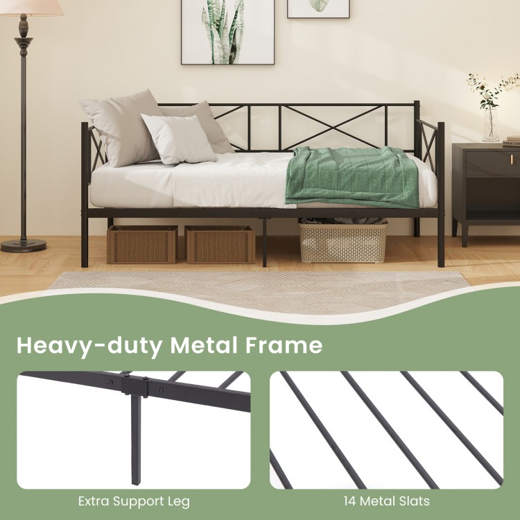Twin size platform bed with heavy-duty metal frame, stylish backrest, and extra support leg for cozy seating and.