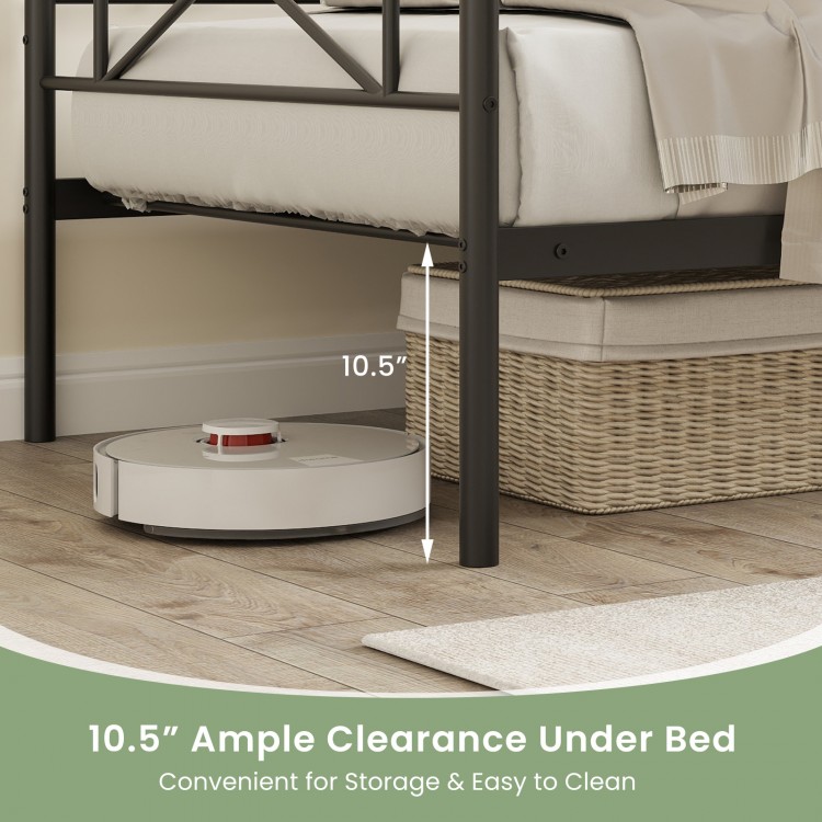 Twin size platform bed with 10.5" clearance for storage and easy cleaning, featuring a heavy-duty metal frame.