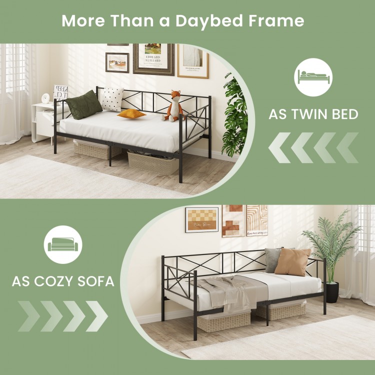 Twin size platform bed in white, versatile as a cozy sofa or daybed, with heavy-duty metal support and stylish design.