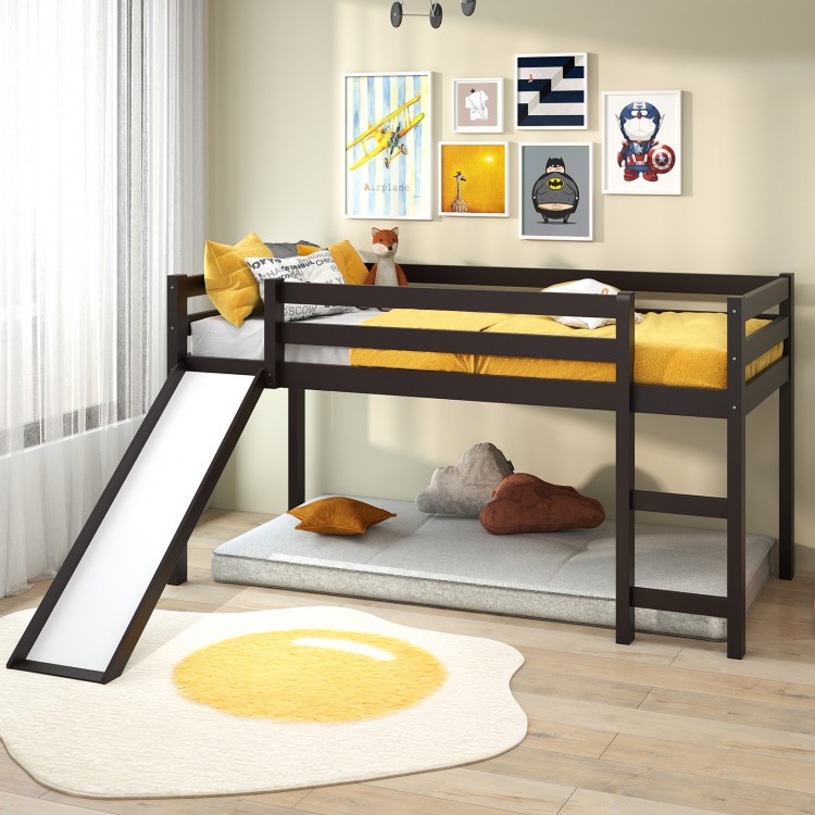 Twin size low sturdy loft bed in dark brown with slide, guardrails, and space underneath for play or storage.