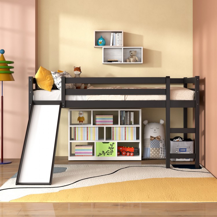 Twin size low loft bed in dark brown with slide, sturdy wood construction, and safety guardrails for children's.