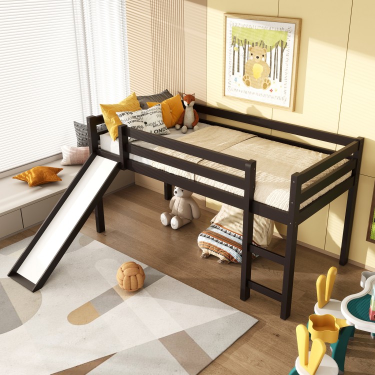 Twin size low loft bed in dark brown with slide, guardrails, and wide ladder, ideal for children's playroom.