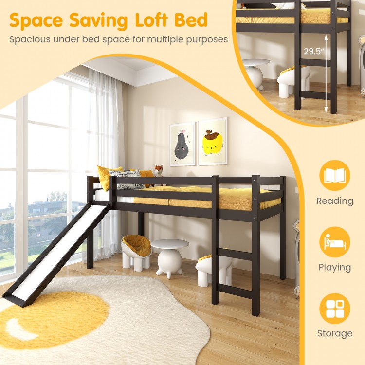 Twin size low sturdy loft bed in dark brown with slide, guardrails, and spacious under-bed area for play and storage.