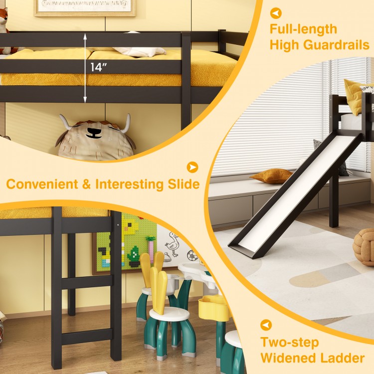 Twin size low loft bed in dark brown showing the convenient slide and wide two-step ladder, designed for children's.