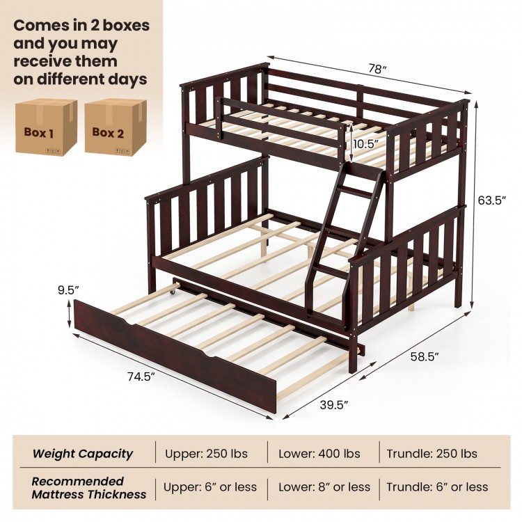 Twin over full bunk bed in espresso with trundle, ladder, and sturdy wooden slats for space-saving design.