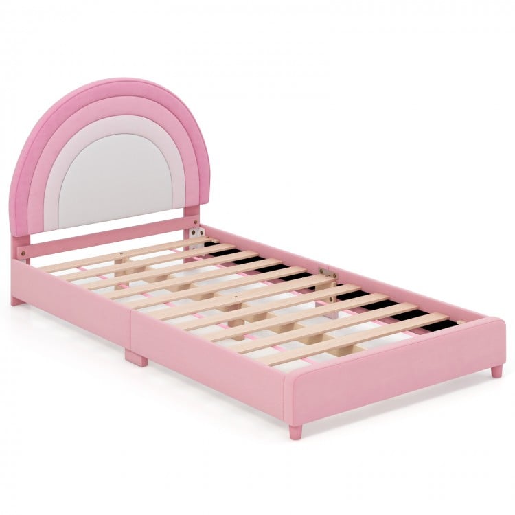 Twin bed frame in pink with adjustable headboard, sturdy wooden slats, and rounded edges for kids' safety.