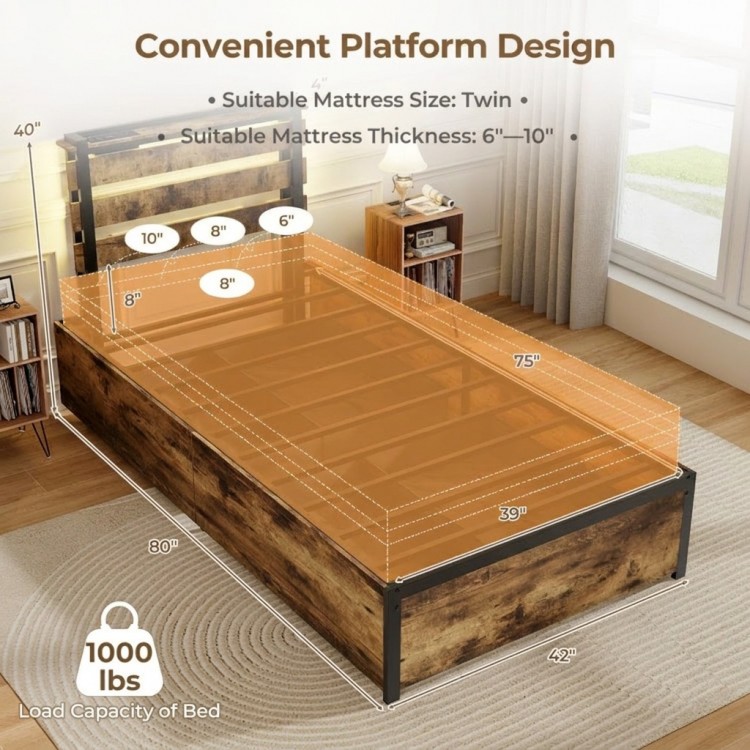Twin bed frame with 4 large storage drawers, heavy-duty metal construction, and built-in RGB LED lighting for small.