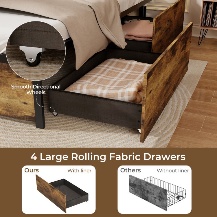 Large rolling fabric drawer with smooth wheels, part of a twin bed frame with 4 storage drawers for small rooms.