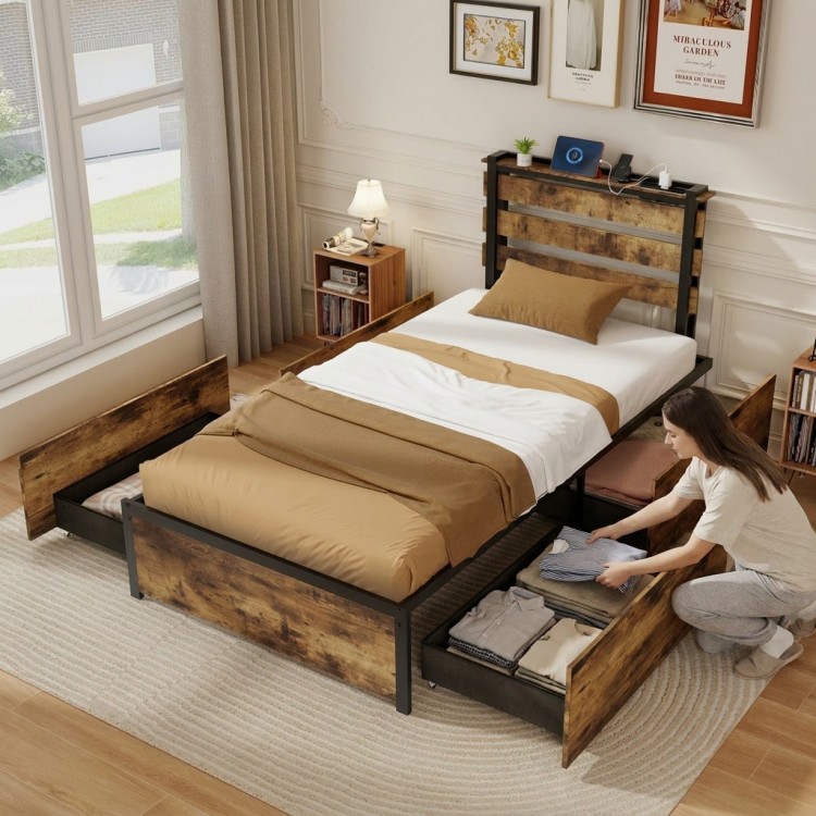 Twin bed frame with 4 large storage drawers, featuring a modern slatted headboard and built-in charging station.
