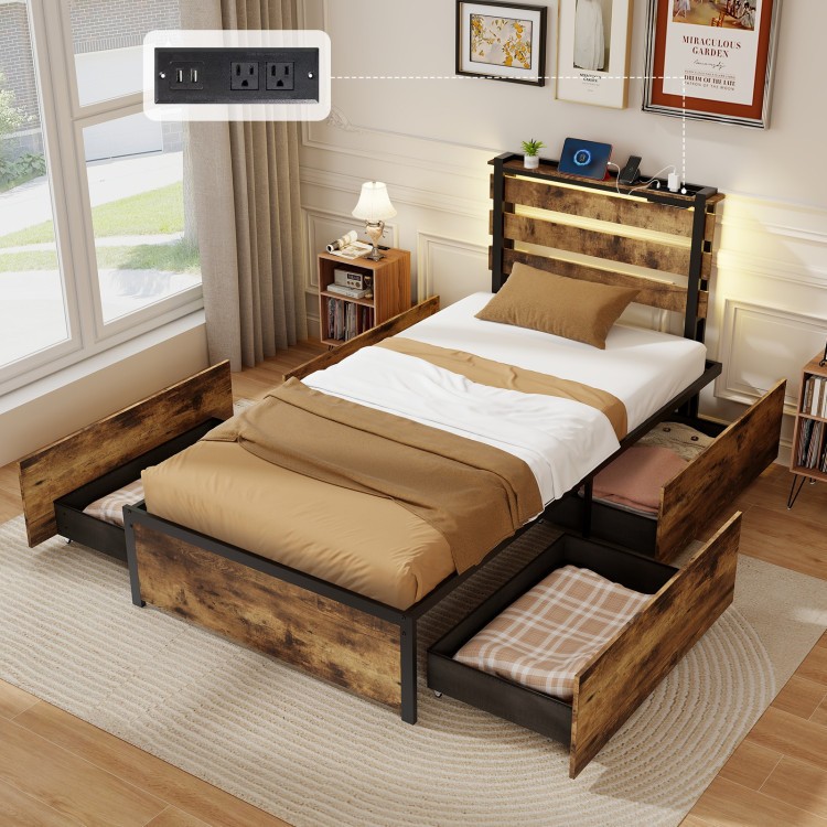 Twin bed frame with 4 large storage drawers, built-in charging station, and modern slatted headboard for small rooms.