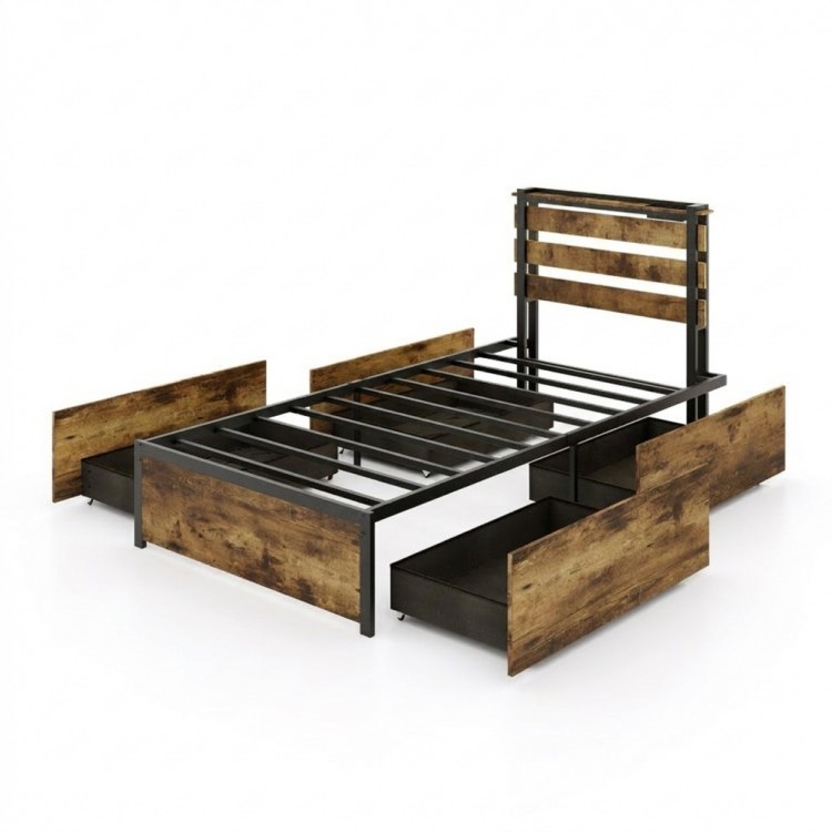 Twin bed frame with heavy-duty metal construction and four large storage drawers for space-saving in small rooms.