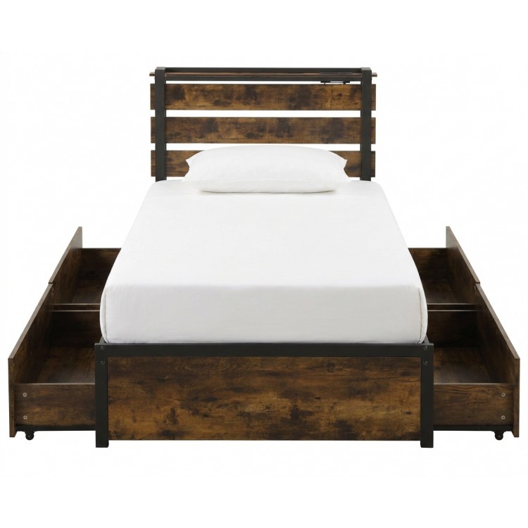 Twin bed frame with 4 large storage drawers, heavy-duty metal construction, and modern slatted headboard for small.