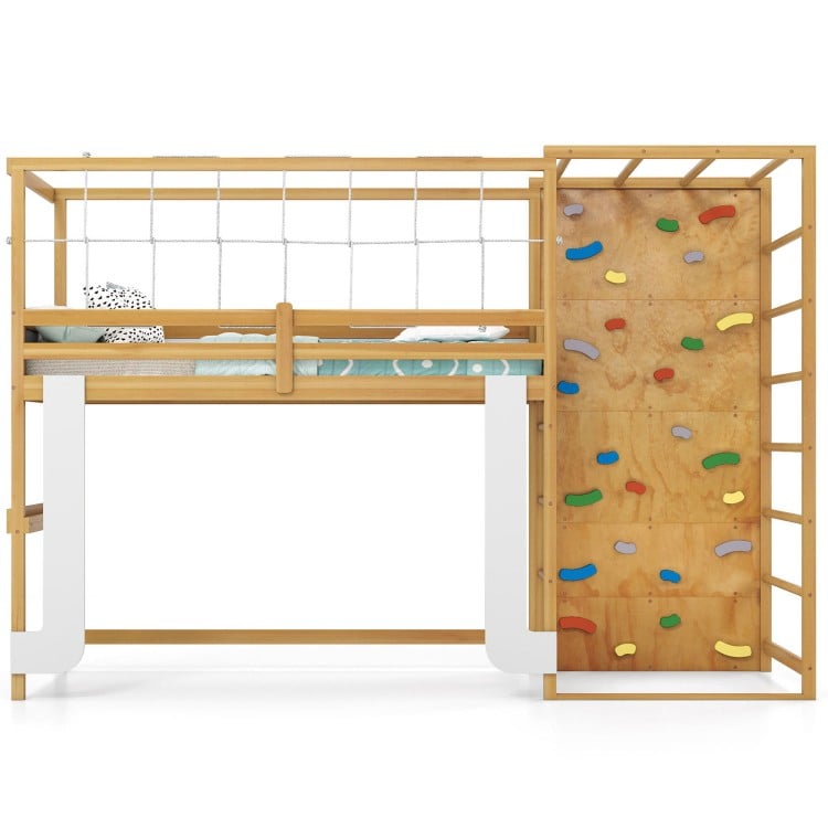 Twin bunk bed with a climbing wall and monkey bar, designed for kids' active play and supporting a twin mattress.