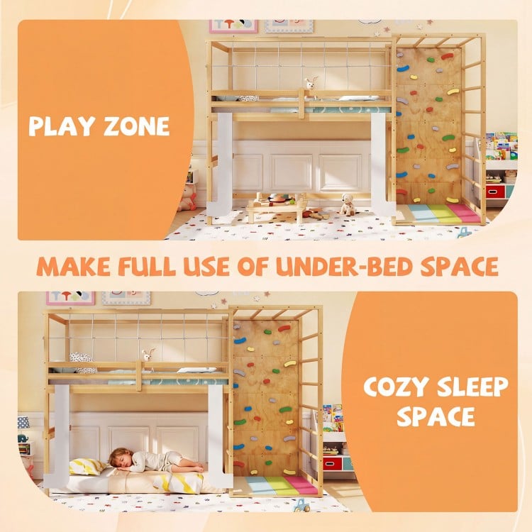 Twin bunk bed with climbing ladder and rock wall, designed for play and sleep, supporting up to 440 lbs for durability.