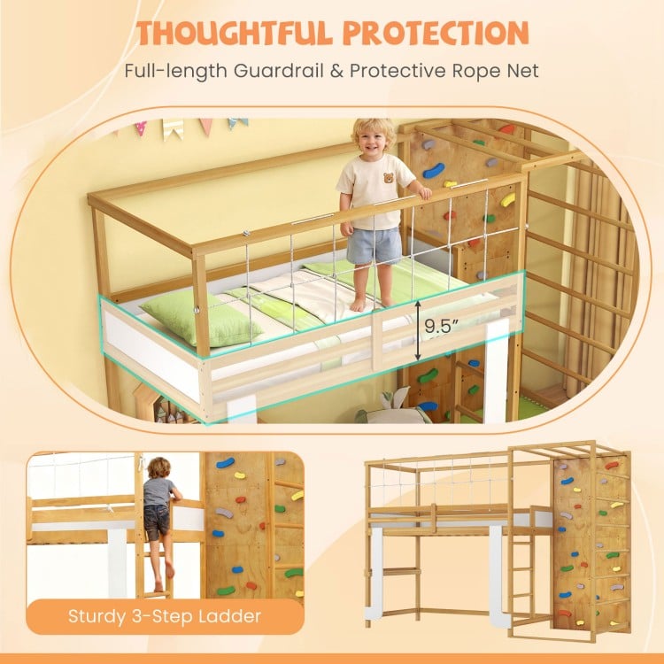 Twin bunk bed with climbing ladder, rock wall, and full-length guardrail for safe and fun playtime.