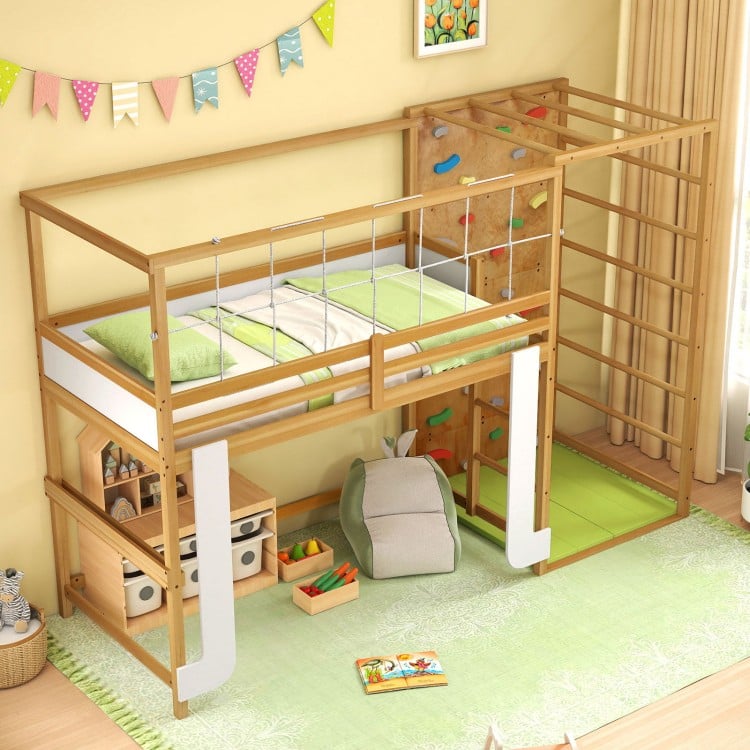 Wooden loft bed with climbing ladder and rock wall, designed for kids' play and sleep, supporting up to 440 lbs.