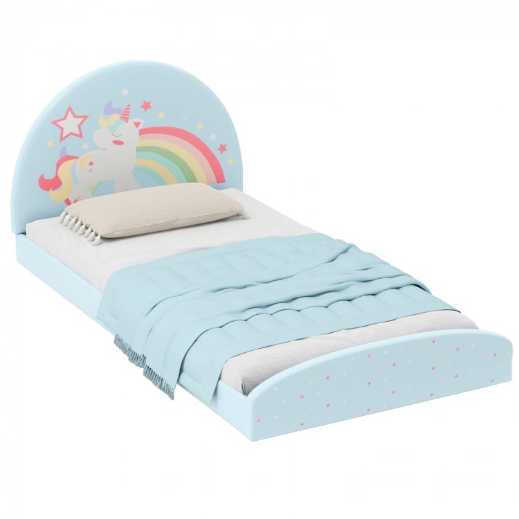Twin floor bed frame with cute rainbow unicorn design, soft headboard, and sturdy MDF for kids' independence.