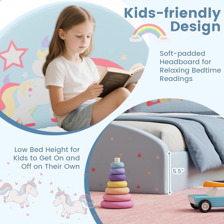 Upholstered twin floor bed frame with soft-padded headboard and cute unicorn patterns, perfect for kids' independence.