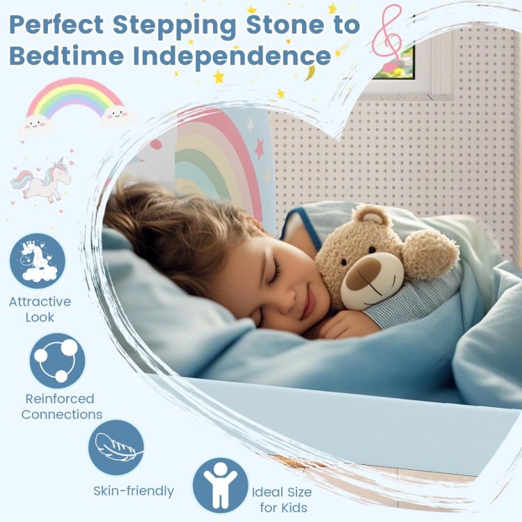 Upholstered twin floor bed frame with soft headboard and rainbow design, perfect for kids' bedtime independence.
