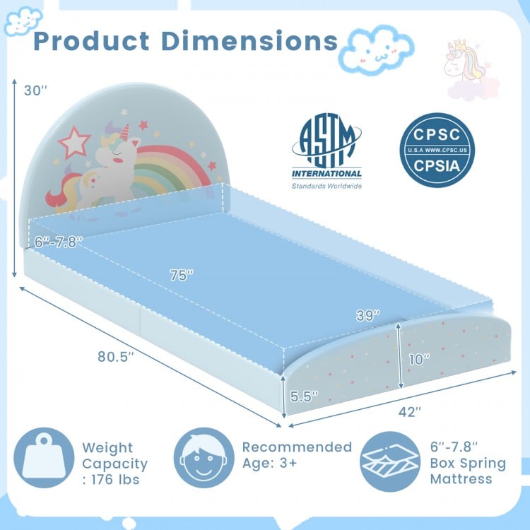 Twin floor bed frame with unicorn design, low height for kids, includes 210D oxford cloth floor mat for added comfort.