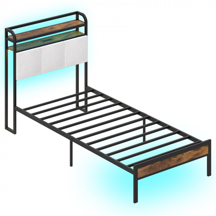 Twin size bed frame with LED light, charging station, and sturdy metal slats for reliable support and under-bed storage.